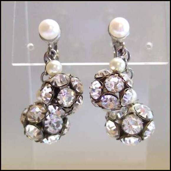 1950s Art Deco Rhinestone Orbs Pearl Vintage Clip Earrings - Picture 3 of 6